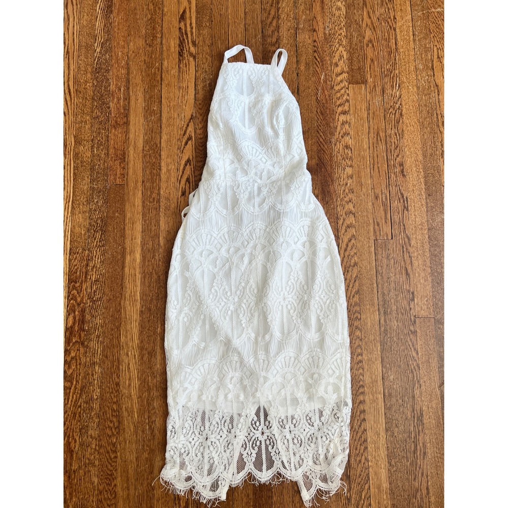 Xenia Boutique White Lace Halter Midi Dress Open Back Lace Up Bridal Event Sz 8